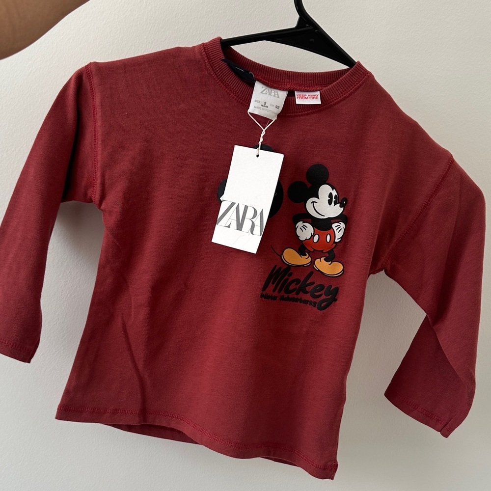 NWT! Zara Kids Burgundy Mickey Mouse Long Sleeve Tee